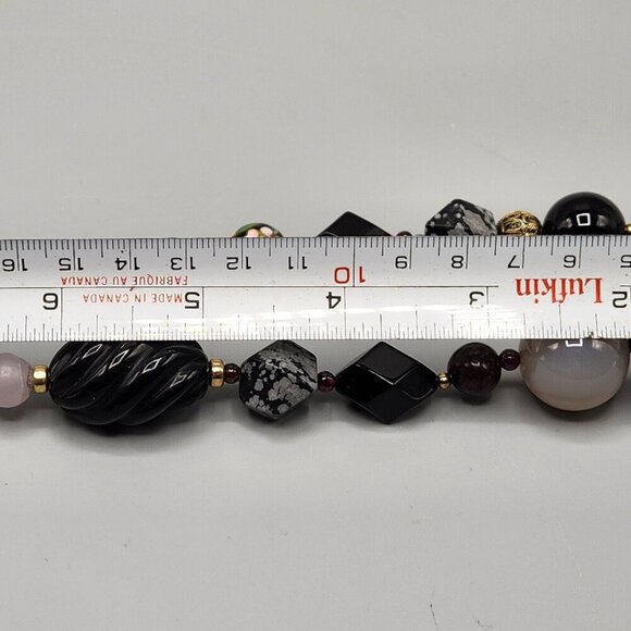 Stone Bead Necklace Rose Quartz Snowflake Obsidian Cloisonne Gradient 30" - Picture 12 of 13